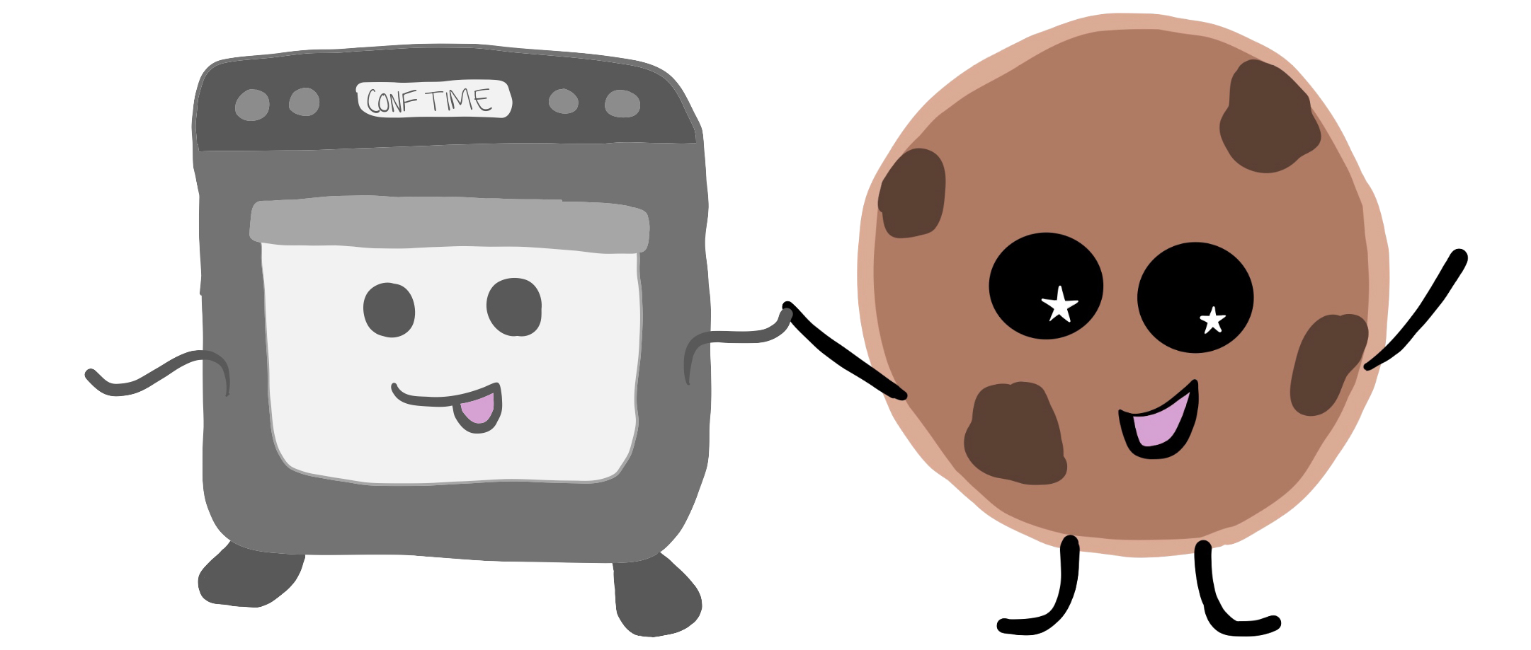 cartoon cookie holding hands with cartoon oven